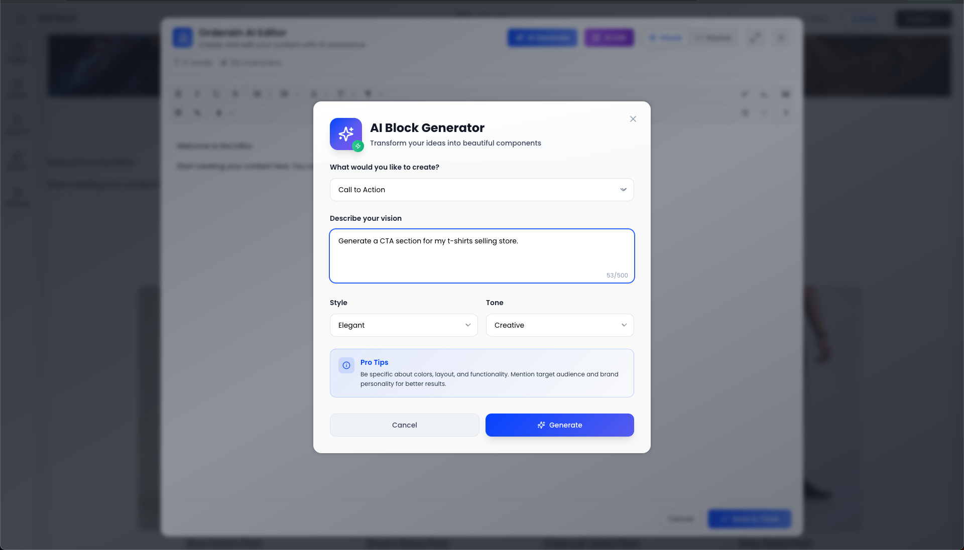 AI prompt generation and editing interface