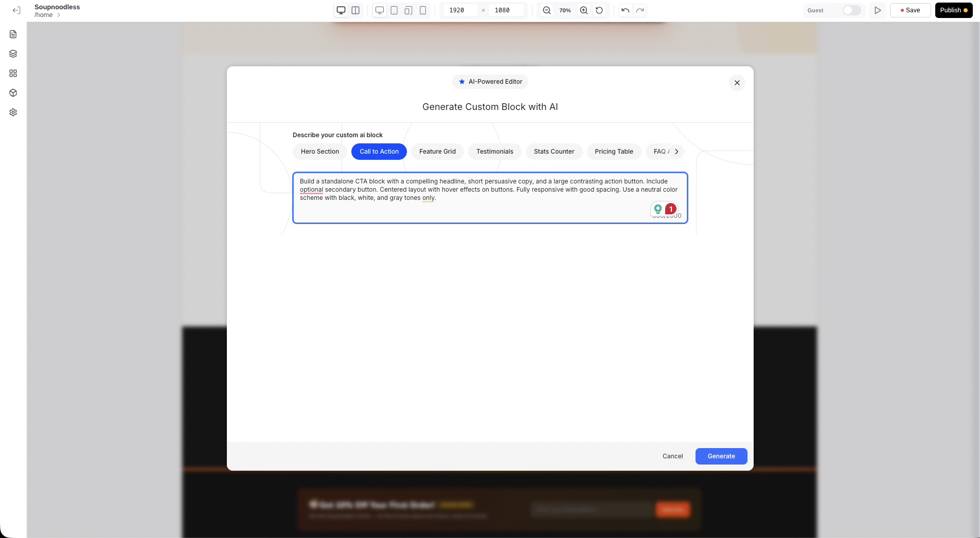 AI prompt generation and editing interface
